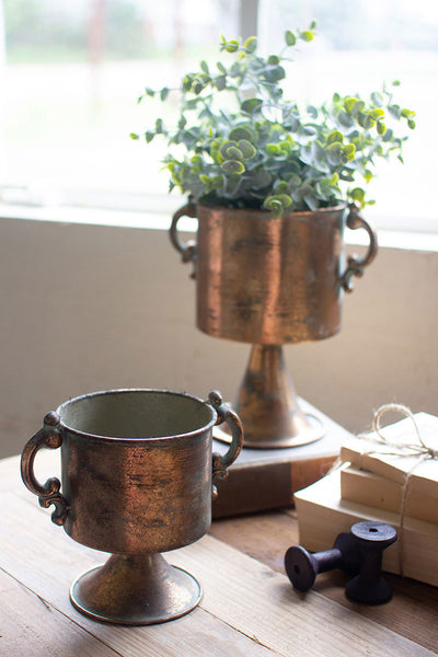 Set of 2 Antique Copper Finish Planters with Handles