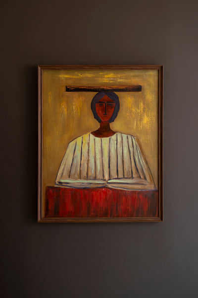 Framed Stylized Woman in Hat Painting