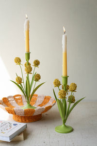 Set of 2 Painted Metal Yellow Flowers Taper Candle Holders