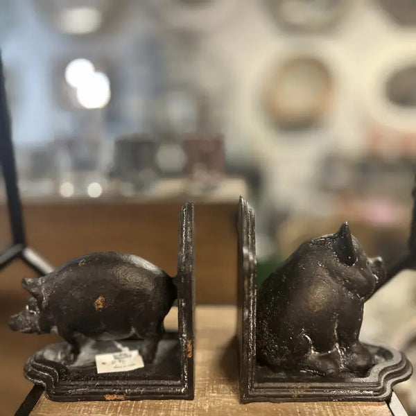 Cast Iron Pig Bookend in Black Rustic Finish-Set 2
