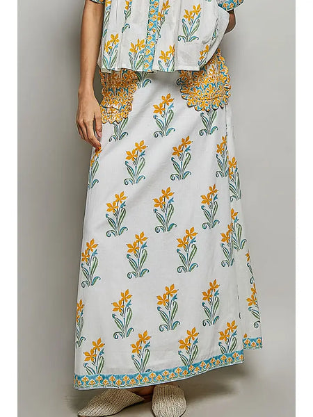 Flowy Fit Floral Ruffle Pocket A-Line Long Skirt