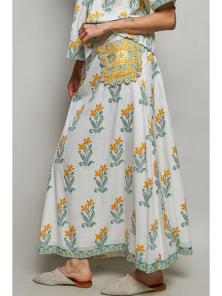 Flowy Fit Floral Ruffle Pocket A-Line Long Skirt