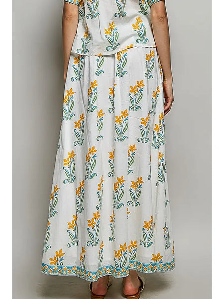 Flowy Fit Floral Ruffle Pocket A-Line Long Skirt