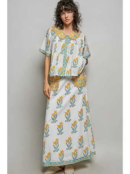 Flowy Fit Floral Ruffle Pocket A-Line Long Skirt
