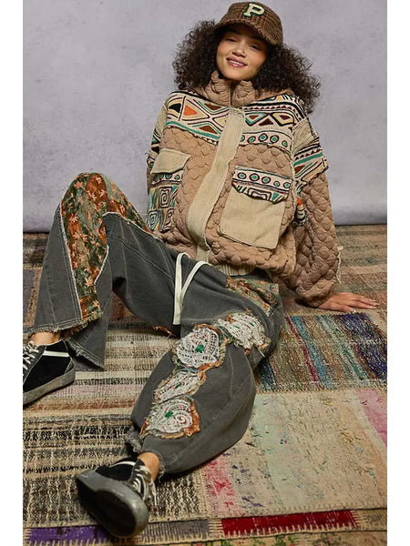 Oversize Floral Print Contrast Qulited Jacket