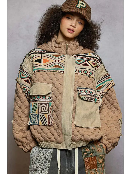 Oversize Floral Print Contrast Qulited Jacket