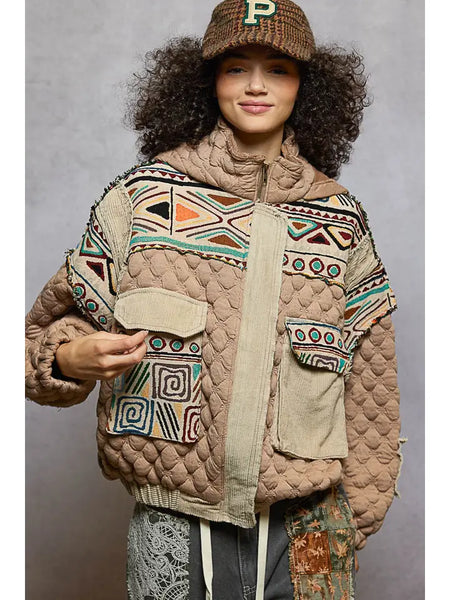 Oversize Floral Print Contrast Qulited Jacket