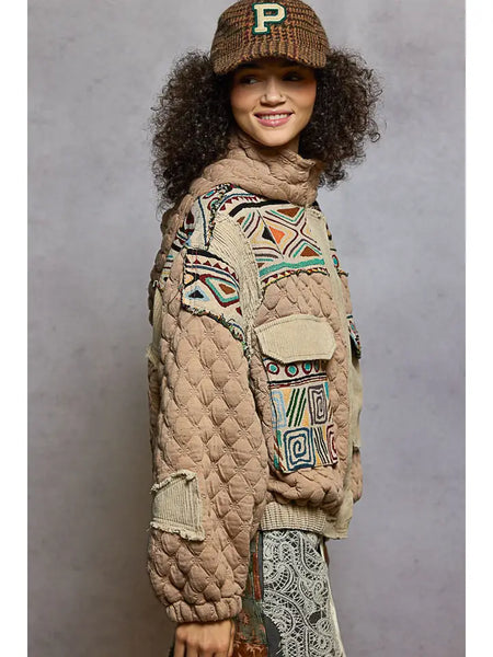 Oversize Floral Print Contrast Qulited Jacket