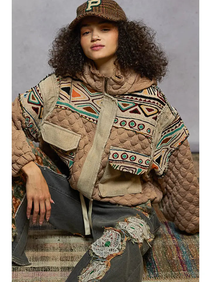 Oversize Floral Print Contrast Qulited Jacket