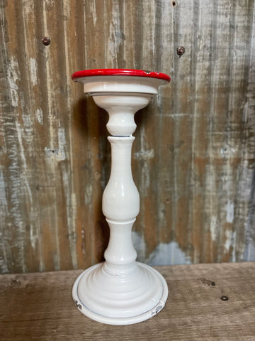 White & Red Rimmed Candle Holder 13"