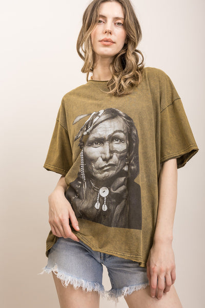 Indian Chief Print Washed Short Sleeve T-shirts