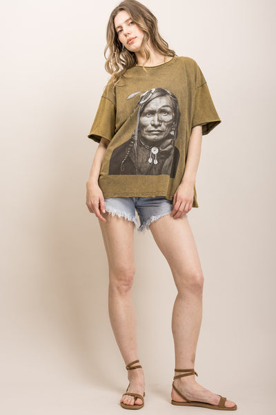 Indian Chief Print Washed Short Sleeve T-shirts