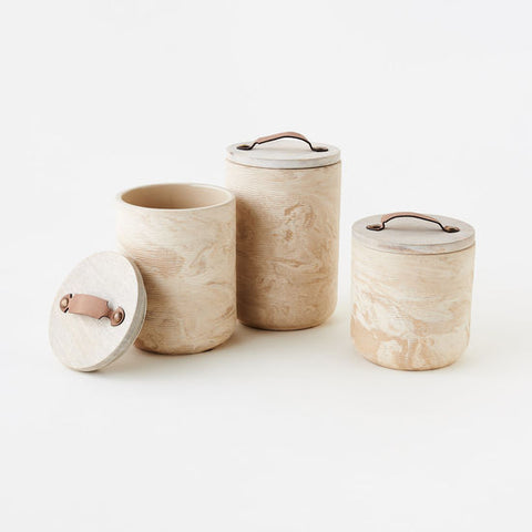 Natural Marbled Canister, St/3, Stoneware/Wood/Leather, 5", 6", 7"