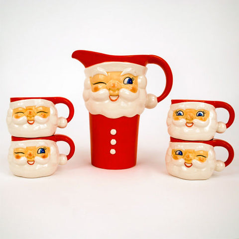 Santa Pitcher and Cups, St/5, Gift Box, Ceramic, 4", 7.5"