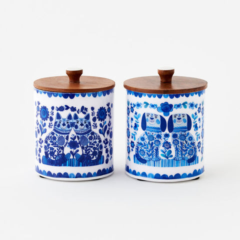 Blue & White Dog and Cat Canister, 2 Options Mango Wood, 6" D x 7.5" H