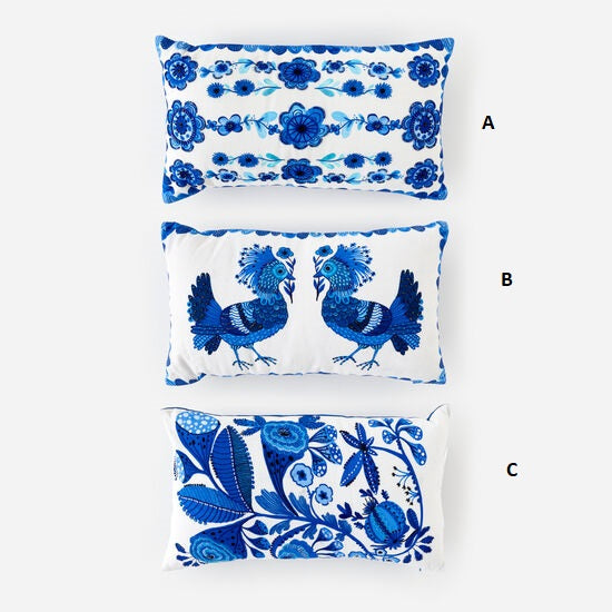 Blue and White Embroidered Lumbar Pillow, 3 Options 11" x 19"
