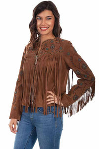 Scully Suede Long Fringe and Beaded Jacket With Floral Pattern