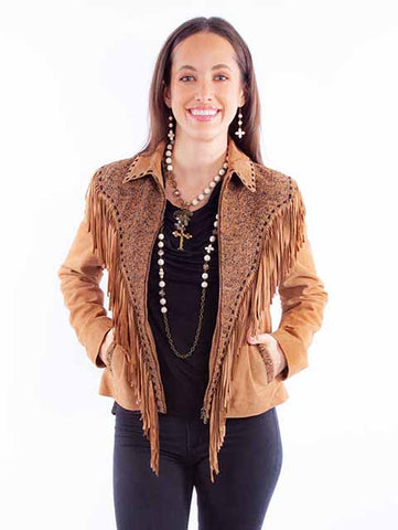 Scully Tan Suede Fringe and Tooled Leather Jacket