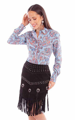 Scully Black Studded Conchos and Fringe Skirt