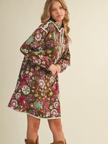 Print Blanket Stitch Buttoned Mini Dress