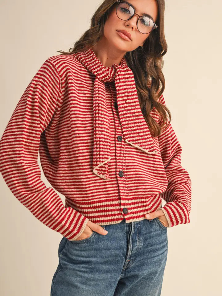 Striped Tying Neck Sweater Cardigan