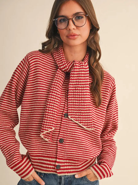 Striped Tying Neck Sweater Cardigan