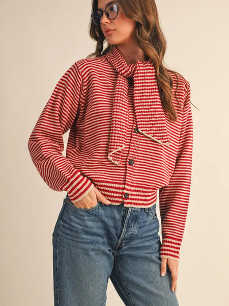 Striped Tying Neck Sweater Cardigan