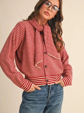 Striped Tying Neck Sweater Cardigan