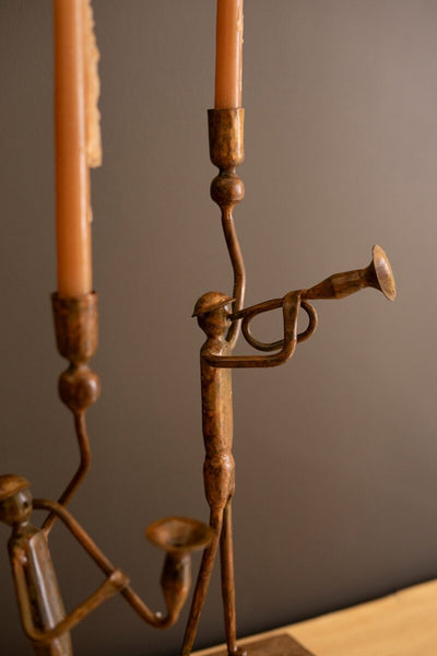 Set of 2 Forged-Iron Trumpet and Saxophone Taper Candle Holders