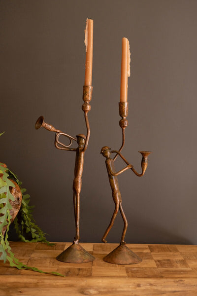 Set of 2 Forged-Iron Trumpet and Saxophone Taper Candle Holders