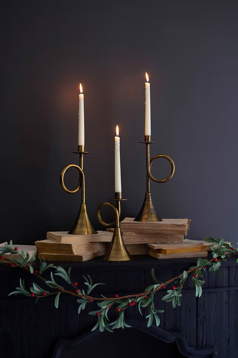 Set of 3 Antique Brass Trumpet Taper Candle Holders PREORDER