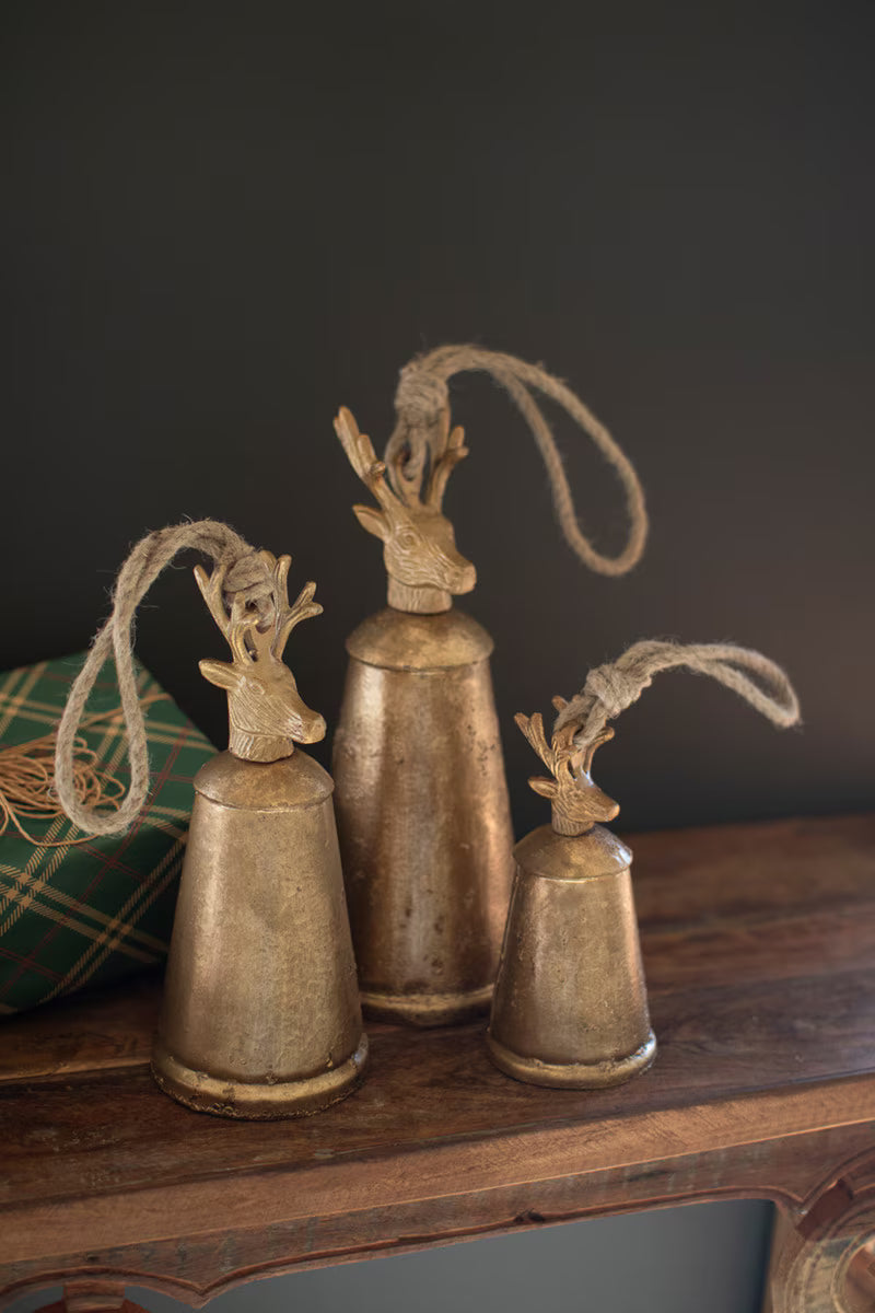 Set of 3 Antique Gold Metal Christmas Bells with Deer Finials PREORDER