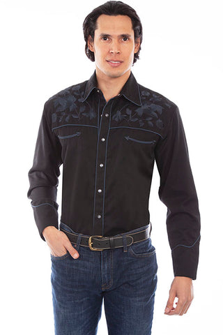 Scully Men's Rose Embroidered Straight Yoke Shirt in Black