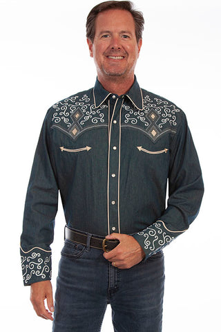 Scully Men's Diamond and Scroll Embroidered Denim Shirt