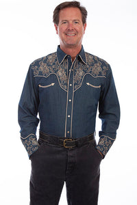 Scully Men's Floral Embroidered Shirt in Denim