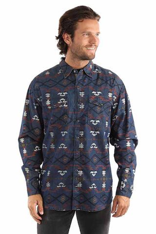 Scully Men's Southwest Printed Signature Shirt in Navy Blue