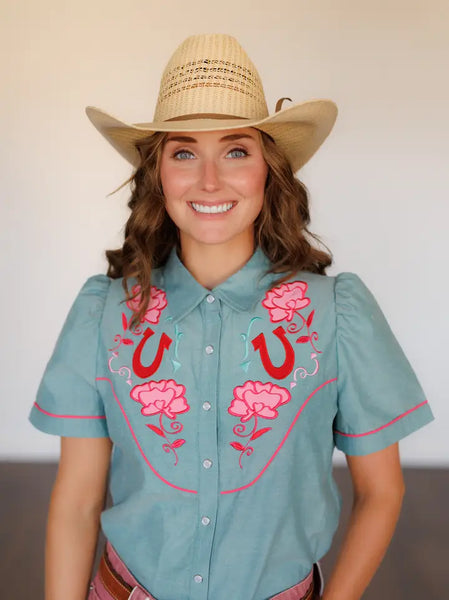 Howdy Hanny Pearl Snap, Pink Rose Turq  Chambray Shirt