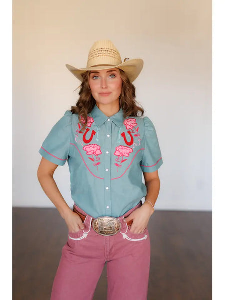 Howdy Hanny Pearl Snap, Pink Rose Turq  Chambray Shirt