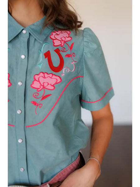 Howdy Hanny Pearl Snap, Pink Rose Turq  Chambray Shirt