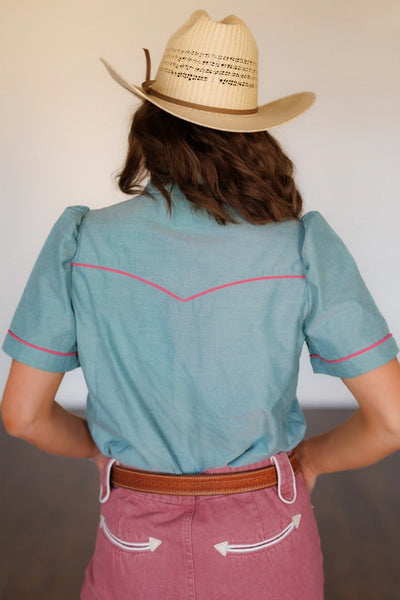 Howdy Hanny Pearl Snap, Pink Rose Turq  Chambray Shirt