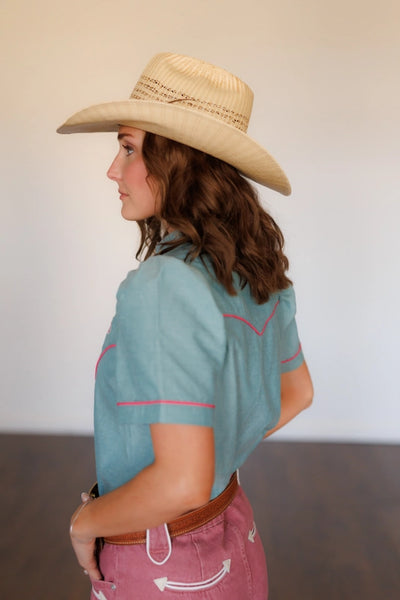 Howdy Hanny Pearl Snap, Pink Rose Turq  Chambray Shirt