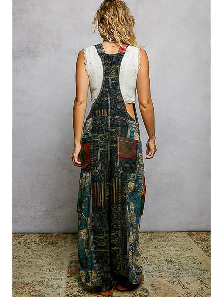 POL Clothing Boho Exaggerated Pocket Vintage Print Jogger Fit Overalls