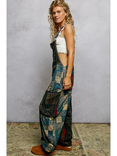 POL Clothing Boho Exaggerated Pocket Vintage Print Jogger Fit Overalls