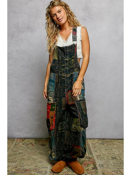 POL Clothing Boho Exaggerated Pocket Vintage Print Jogger Fit Overalls