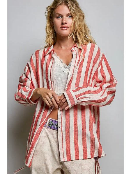 Linen Long Sleeve Side Slit Detail Stripe Shirt Top