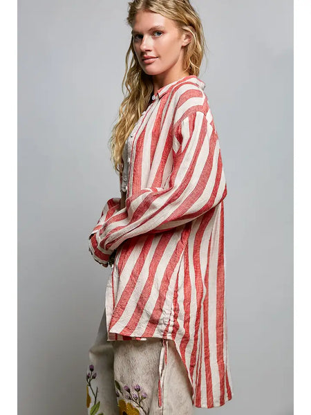 Linen Long Sleeve Side Slit Detail Stripe Shirt Top