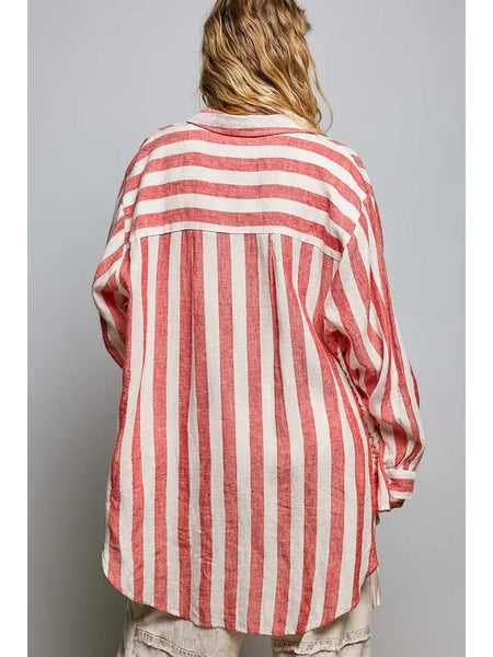 Linen Long Sleeve Side Slit Detail Stripe Shirt Top
