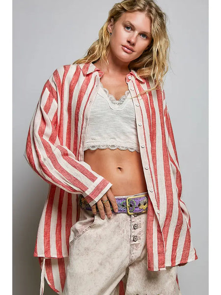 Linen Long Sleeve Side Slit Detail Stripe Shirt Top