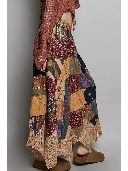 Patchwork Elasticized Waistband Print Panel Woven Skirt