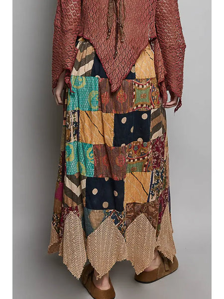 Patchwork Elasticized Waistband Print Panel Woven Skirt